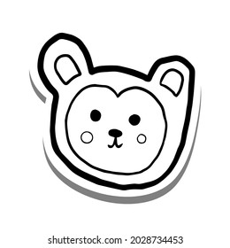 Black line cute cartoon monkey face. Doodle on white silhouette and gray shadow. Vector illustration for decorate, coloring and any design.