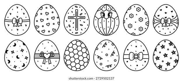 Black line cute Easter eggs with different patterns, vector monochrome icon set. Various outline signs. Festive linear pictograms, decorative whimsical cliparts