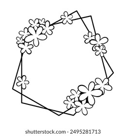 Black line Cute Flowers on Double Pentagon Shape Frame. Vector illustration for decorate logo, text, wedding, greeting cards and any design.