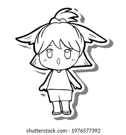 Black line a cute girl with animal ears stands surprised. This cartoon Chibi is on white silhouette and gray shadow. Character Doodle for coloring, decoration or any design. Vector illustration.