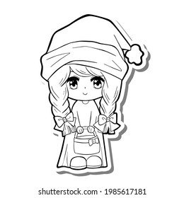 Black line a Cute Girl Gnome Anime style. This cartoon Chibi is on white silhouette and gray shadow. Character Doodle for coloring, decoration or any design. Vector illustration.