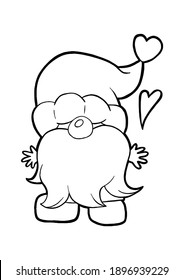Black line a cute Gnomes standing with heart. Hand drawn chibi cartoon character. Doodle for coloring, decoration or any design. Vector illustration of kid.