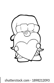 Black line a cute Gnomes standing with heart. Hand drawn chibi cartoon character. Doodle for coloring, decoration or any design. Vector illustration of kid.