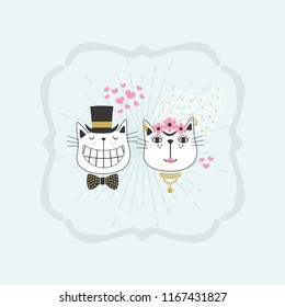 Black line cute happy bride and groom cats couple icons frame on light blue background
