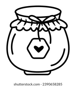 Black line cute jar doodle, vector icon of jam and honey, monochrome pictogram