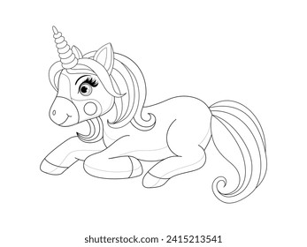 Black line cute unicorn.
Cartoon vector illustration for coloring book or coloring page.