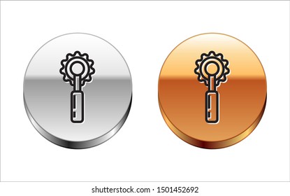 Black line Cutter tool icon isolated on white background. Sewing knife with blade. Silver-gold circle button. Vector Illustration