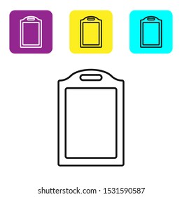 Black line Cutting board icon isolated on white background. Chopping Board symbol. Set icons colorful square buttons. Vector Illustration