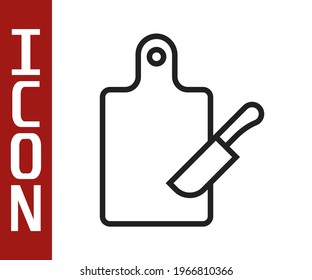 Black line Cutting board and knife icon isolated on white background. Chopping Board symbol. Cutlery symbol.  Vector