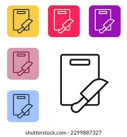 Schwarze Linie Schneidebrett und Messersymbol einzeln auf weißem Hintergrund. Symbol für das Einkaufsporn. Farbensymbol. Die Symbole werden in den Tasten für das Farbquadrat eingestellt. Vektorgrafik