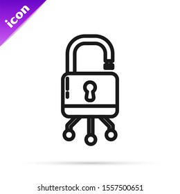 Black line Cyber security icon isolated on white background. Closed padlock on digital circuit board. Safety concept. Digital data protection.  Vector Illustration