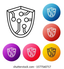 Black line Cyber security icon isolated on white background. Shield sign. Safety concept. Digital data protection. Set icons colorful circle buttons. Vector Illustration