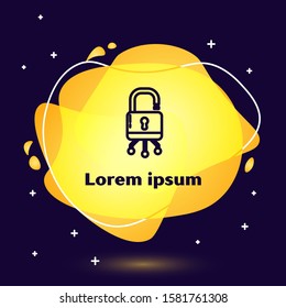 Black line Cyber security icon isolated on blue background. Closed padlock on digital circuit board. Safety concept. Digital data protection. Abstract banner with liquid shapes. Vector Illustration