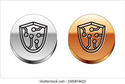 Black line Cyber security icon isolated on white background. Shield sign. Safety concept. Digital data protection. Silver-gold circle button. Vector Illustration