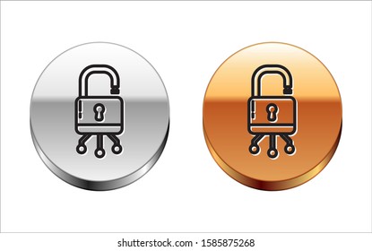 Black line Cyber security icon isolated on white background. Closed padlock on digital circuit board. Safety concept. Digital data protection. Silver-gold circle button. Vector Illustration