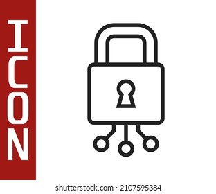 Icono de ciberseguridad de línea negra aislado en fondo blanco. Cerradura cerrada en la tarjeta de circuito digital. Concepto de seguridad. Protección digital de datos.  Vector