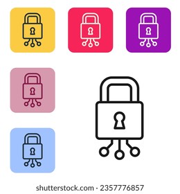 Icono de ciberseguridad de línea negra aislado en fondo blanco. Cerradura cerrada en la tarjeta de circuito digital. Concepto de seguridad. Protección digital de datos. Establezca iconos en los botones cuadrados de color. Vector