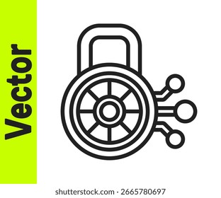 Línea negra Icono de seguridad cibernética aislado sobre fondo blanco. Candado cerrado en placa de circuito digital. Concepto de seguridad. Protección digital de datos.  Vector