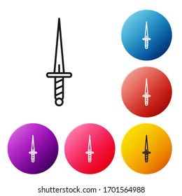 Black line Dagger icon isolated on white background. Knife icon. Sword with sharp blade. Set icons colorful circle buttons. Vector Illustration