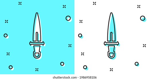 Black line Dagger icon isolated on green and white background. Knife icon. Sword with sharp blade. Random dynamic shapes. Vector