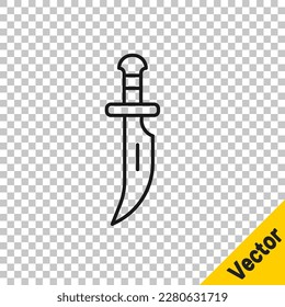 Icono de Dagger de línea negra aislado en fondo transparente. Icono de cuchillo. Espada con cuchilla afilada.  Vector