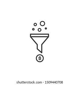 Black Line Data Filter Or Strainer With Filtering Circles And Dollar Sign. Flat Data Funnel Icon. Isolated On White. Analytics Info, Tunnel Information, Marketing Research. Vector Illustration