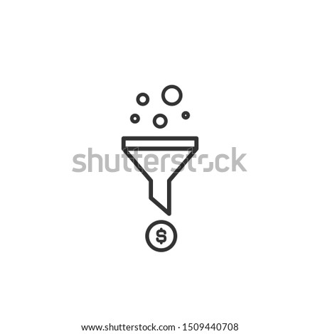 black line data filter or strainer with filtering circles and dollar sign. flat data funnel icon. isolated on white. Analytics info, tunnel information, marketing research. vector illustration