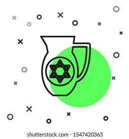 Black line Decanter with star of david icon isolated on white background. Pottery jug. Organic product in carafe.  Vector Illustration