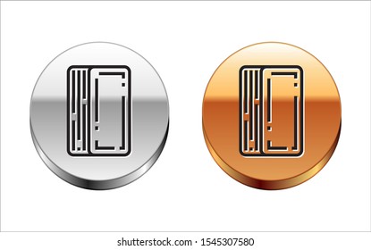 Black line Deck of playing cards icon isolated on white background. Casino gambling. Silver-gold circle button. Vector Illustration