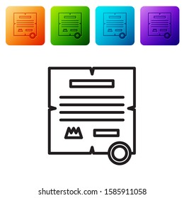 Black line Decree, paper, parchment, scroll icon icon isolated on white background. Set icons in color square buttons. Vector Illustration