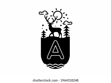 Black line deer art design badge illustration Letter A initial for name in the middle