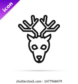 Black line Deer head with antlers icon isolated on white background.  Vector Illustration