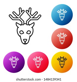 Black line Deer head with antlers icon isolated on white background. Set icons colorful circle buttons. Vector Illustration