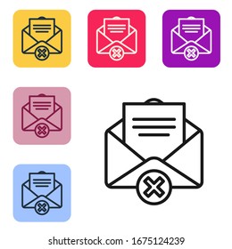 Línea negra Icono de borrar sobre aislado en fondo blanco. Eliminar o letra de error. Cruzar el mensaje. Correo rechazado. Establecer iconos en botones cuadrados de color.  Ilustración vectorial
