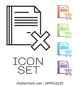 Black line Delete file document icon isolated on white background. Rejected document icon. Cross on paper. Set icons colorful. Vector Illustration