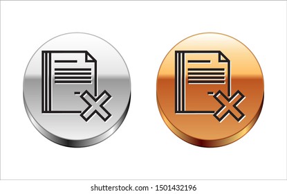 Black line Delete file document icon isolated on white background. Rejected document icon. Cross on paper. Silver-gold circle button. Vector Illustration