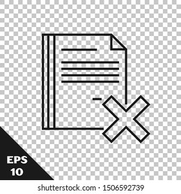 Black line Delete file document icon isolated on transparent background. Rejected document icon. Cross on paper.  Vector Illustration
