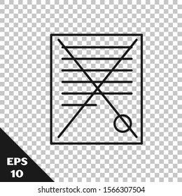 Black line Delete file document icon isolated on transparent background. Rejected document icon. Cross on paper.  Vector Illustration