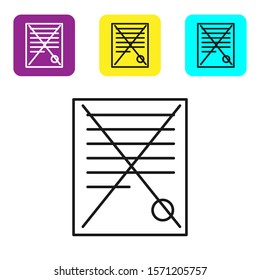 Black line Delete file document icon isolated on white background. Rejected document icon. Cross on paper. Set icons colorful square buttons. Vector Illustration