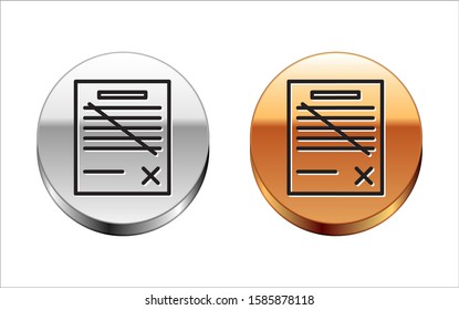 Black line Delete file document icon isolated on white background. Rejected document icon. Cross on paper. Silver-gold circle button. Vector Illustration