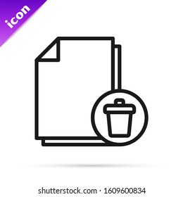 Black line Delete file document icon isolated on white background. Paper sheet with recycle bin sign. Rejected document. Cross on paper.  Vector Illustration
