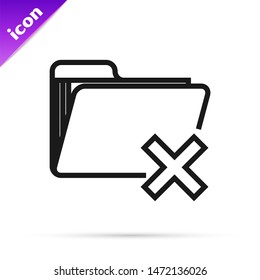 Black line Delete folder icon isolated on white background. Folder with recycle bin. Delete or error folder. Close computer information folder.  Vector Illustration