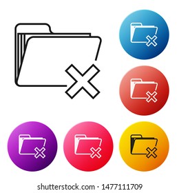 Black line Delete folder icon isolated on white background. Folder with recycle bin. Delete or error folder. Close computer information folder. Set icons colorful circle buttons. Vector Illustration