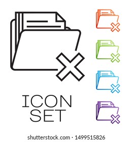 Black line Delete folder icon isolated on white background. Folder with recycle bin. Delete or error folder. Close computer information folder. Set icons colorful. Vector Illustration