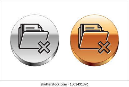 Black line Delete folder icon isolated on white background. Folder with recycle bin. Delete or error folder. Close computer information folder. Silver-gold circle button. Vector Illustration