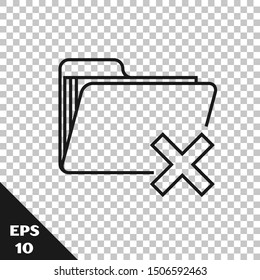 Black line Delete folder icon isolated on transparent background. Folder with recycle bin. Delete or error folder. Close computer information folder.  Vector Illustration