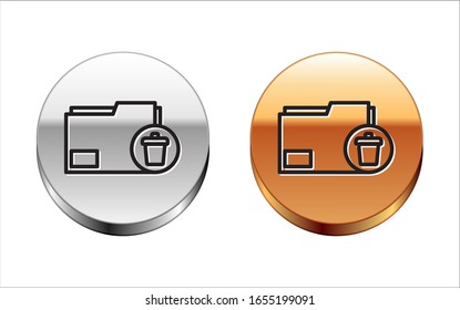 Icono de carpeta Eliminar línea negra aislado en fondo blanco. Eliminar o crear una carpeta de error. Cierre la carpeta de información del equipo. Botón del círculo dorado plateado.  Ilustración vectorial