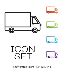 Black line Delivery cargo truck vehicle icon isolated on white background. Set icons colorful. Vector Illustration