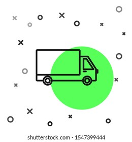 Black line Delivery cargo truck vehicle icon isolated on white background.  Vector Illustration