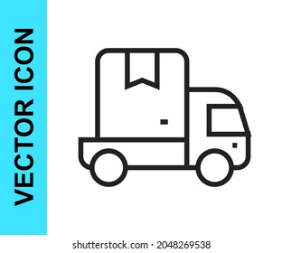 Black line Delivery cargo truck vehicle icon isolated on white background.  Vector